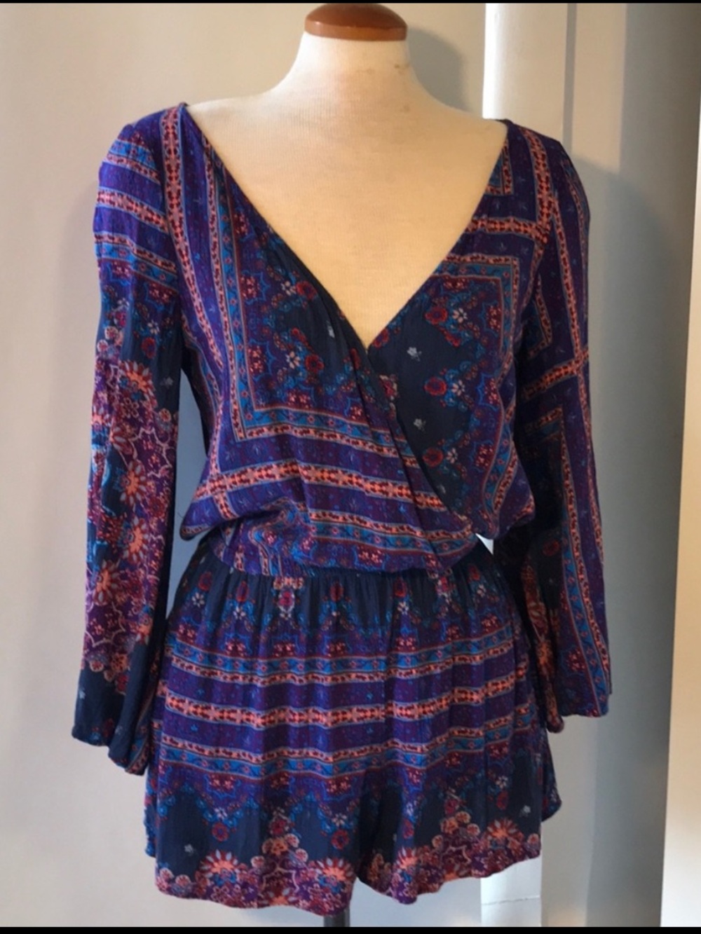 American Eagle Outfitters Navy Printed Wrap Romper with Red Accents